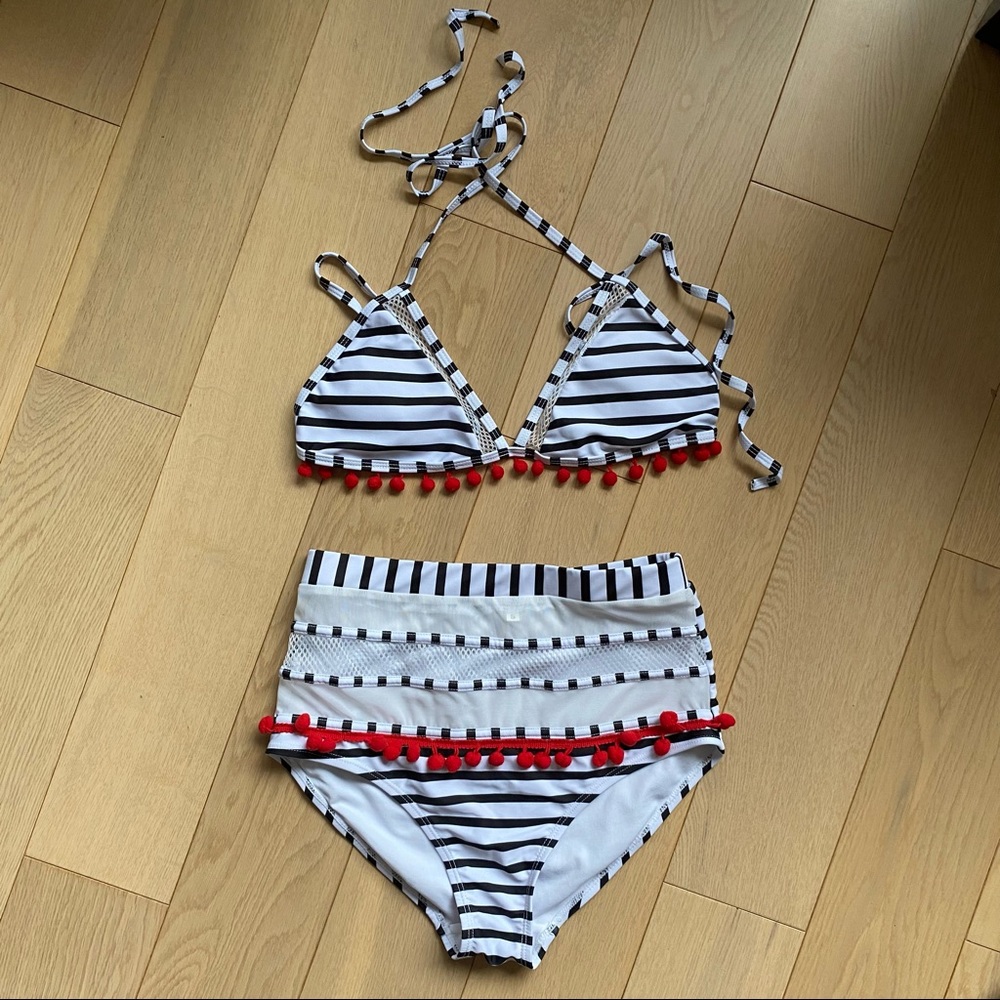 Aroa California Coulter Retro Bikini Blue & White Stripe Pom Pom size S